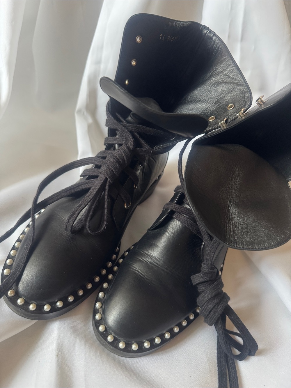 Stuart Weitzman Black Leather Combat Boots with Pearl Studs - Picture 7 of 8